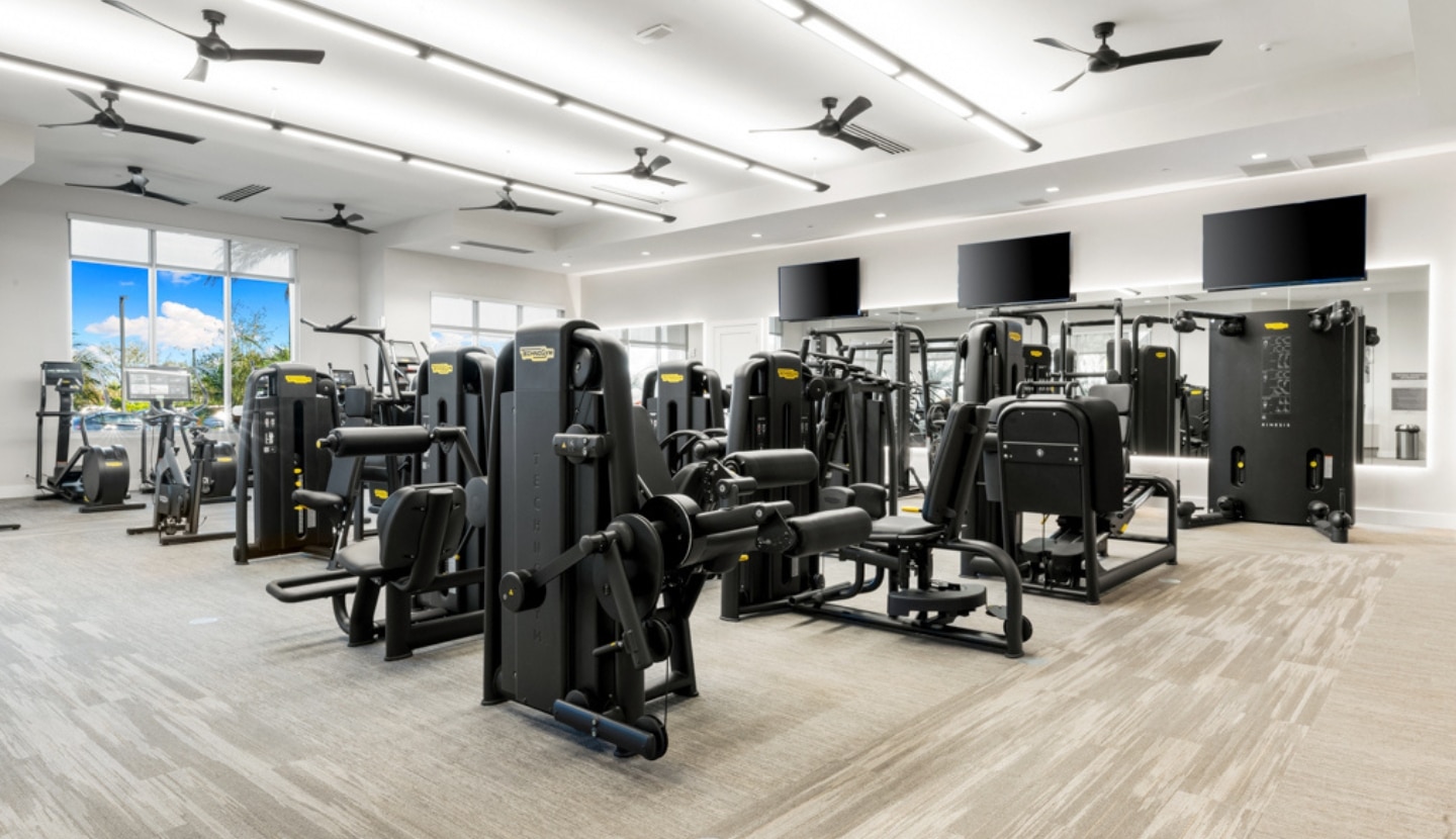 The fitness center at Esplanade — rows of strength and cardio equipment in a bright, window-lined room