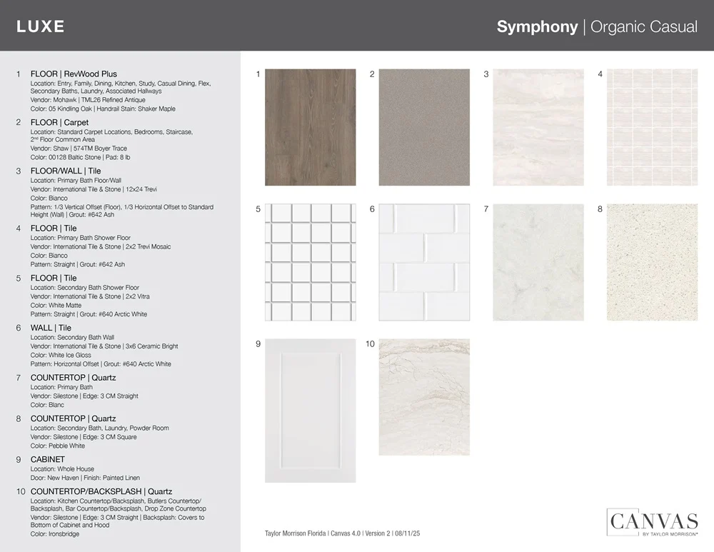 Luxe Symphony design palette board showing the Cresta's flooring, tile, quartz countertop and cabinet selections